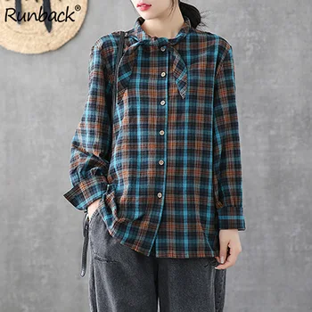 

Runback Plaid Womens Tops and Blouses Spring 2020 Lace Up Shirt Casual Long Sleeve Loose Versatile Shirt Top Female Ladies Blusa