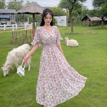 

Free Shipping New Style Chiffon Floral Long Dress Sweet Print Ruffles V-neck Empire Plus Size 3xl Women Dresses Green Purple