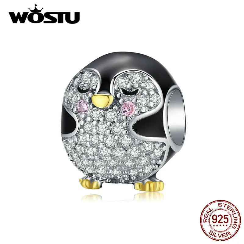 

WOSTU 925 Sterling Silver Chubby Penguin Bead Zircon Black Charms Fit Original Bracelet Necklace For Women Lovely Jewelry BNC126