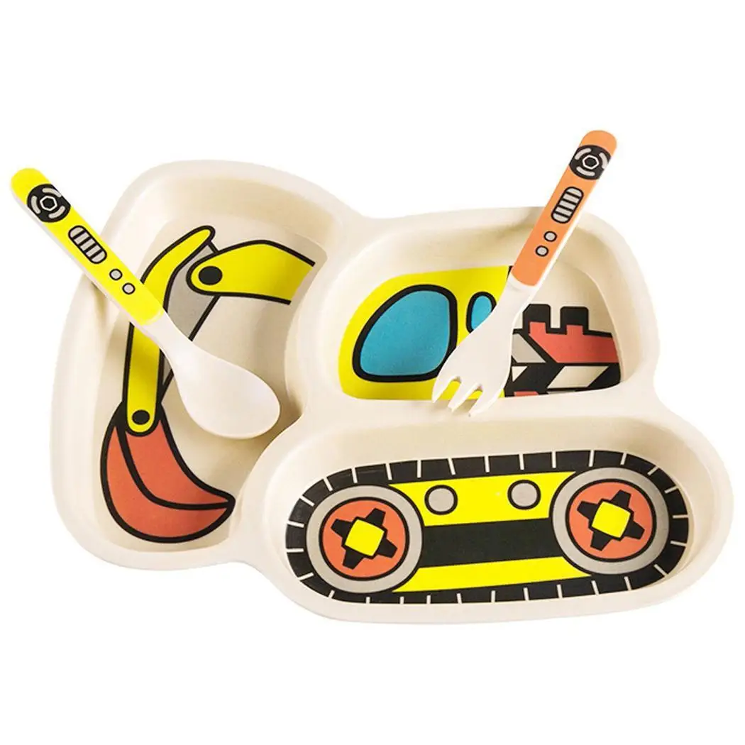 Creative 4 Style Kids Home Kitchen Safe Bamboo Fiber Resin Food Plate Spoon Fork Kit Tableware