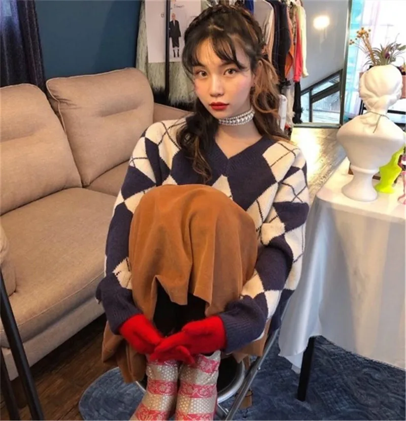 RUGOD зимний женский свитер винтажный теплый с узором «ромбиками» с v-образным вырезом длинный свободный вязаный пуловер Модный женский мягкий корейский пуловер