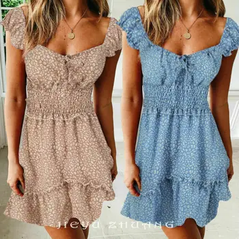 

2019 Summer Casual Boho Above Knee Dress Short Sleeve Floral Square Neck Ruffles Slim Sexy Casual Dress Beach Sundress