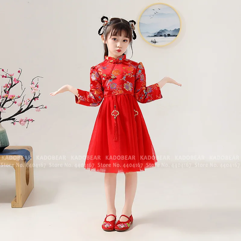 Традиционное китайское платье для маленьких девочек с вышивкой Hanfu Cheongsam; детское платье принцессы в стиле ретро Qipao; Детский новогодний праздничный костюм