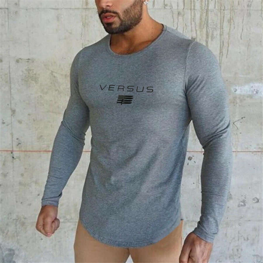 Gyms Tight Cotton Long sleeve T-shirt Mens Fashion printing T-shirt Homme Gyms T Shirt Men Fitness Summer Tees Tops