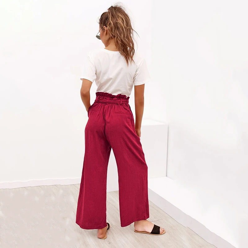 Модные брюки с высокой талией женские брюки с широкими штанинами pantalon femme галстук ремень брюки палаццо повседневные брюки черный, хаки, красный
