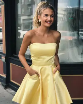 

Yellow Strapless Short Formal Dress With Pockets Women Satin Cocktail Homecoming Party Dresses