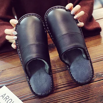 

Large Size 45/46 Winter Furry Shoes For Man Genuine Leather Warm Slides Mens House Indoor Fluffy Slipper Waterproof