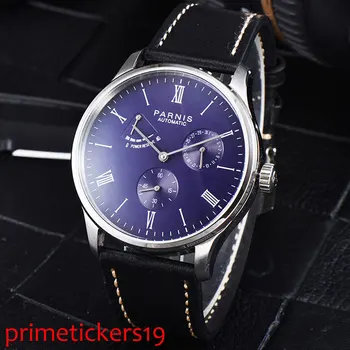 

New 42mm PARNIS Self Winding Power Reserve Roman Numernals Men Watch Date Window Leather Strap