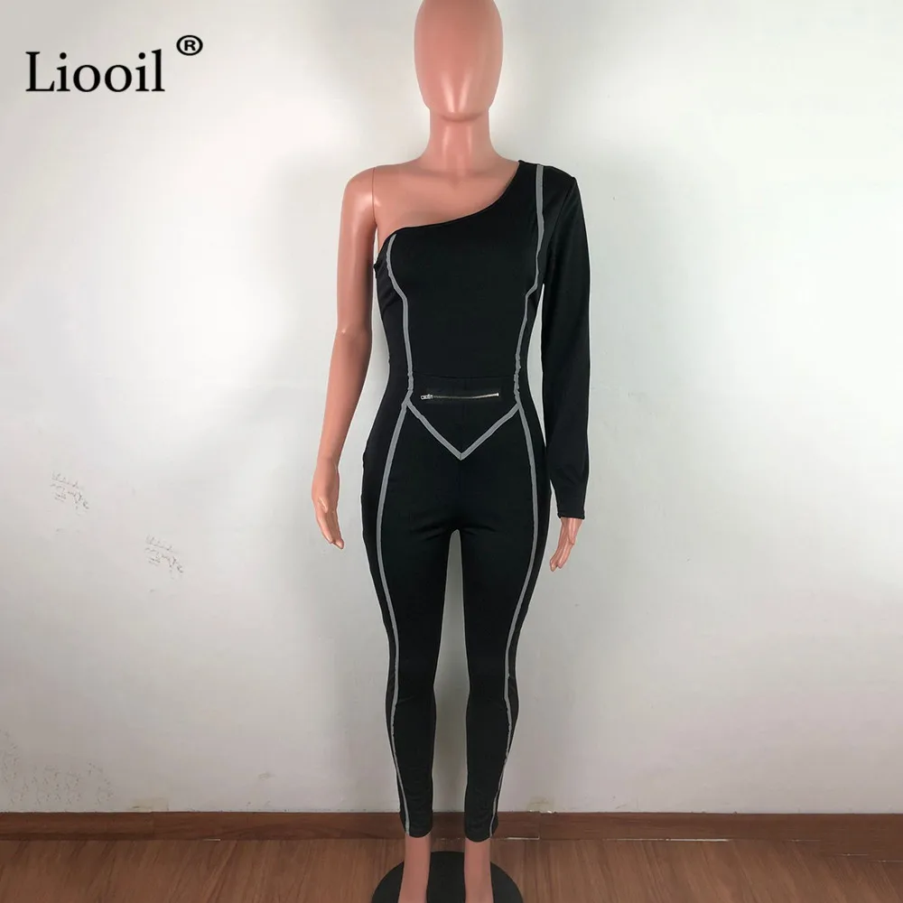 Liooil на одно плечо Светоотражающие полосатые сексуальные комбинезоны для женщин с длинным рукавом Вечерние Клубные комбинезоны, обтягивающие боди черные комбинезоны