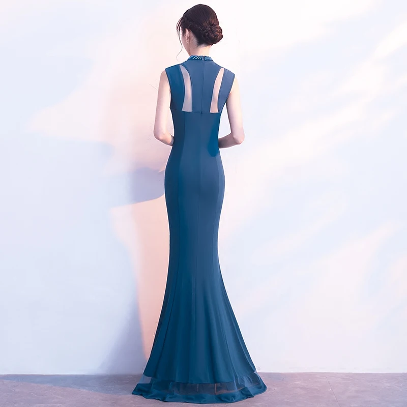 Vestido de festa Русалка отделка бисером вечерние платья длинное платье сексуальный О-вырез Павлин голубое элегантное вечернее платье Robe De Soiree