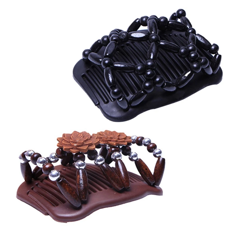 2 Pcs Double Beaded Hair Magic Comb Clip Beads Elasticity Hairpin Stretchy Hair Combs for Women Hair Accessories, Yellow Brown