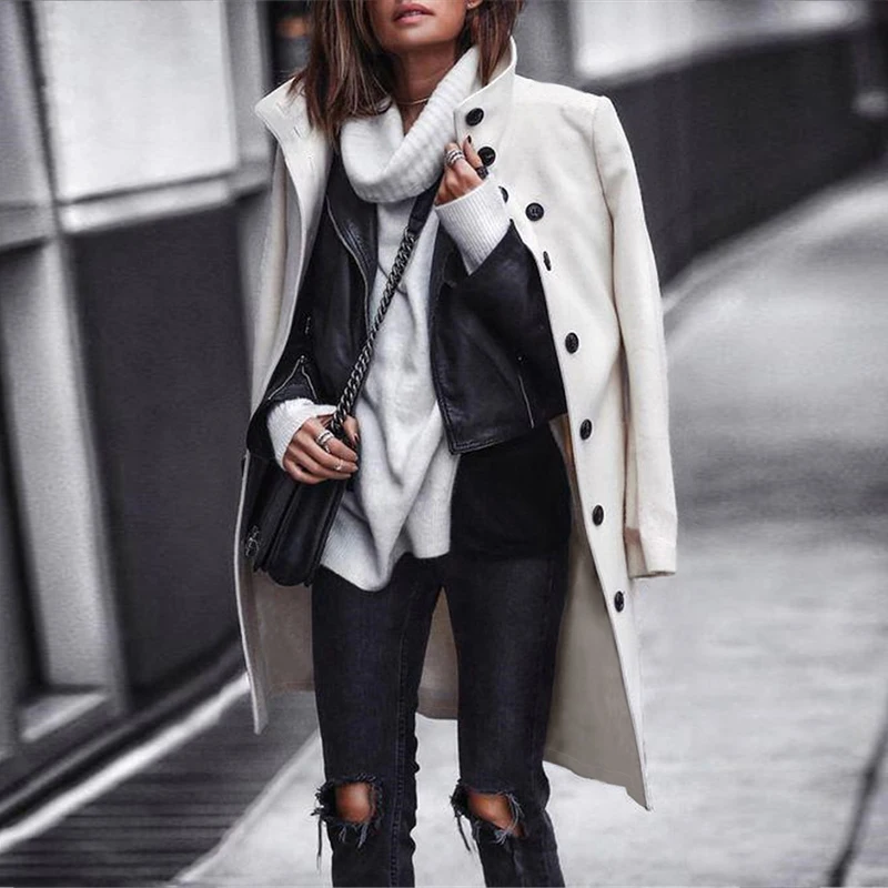 Верхняя одежда пальто осенняя куртка Повседневная Женская Новая мода длинное шерстяное Пальто однобортное тонкое женское зимнее шерстяное пальто