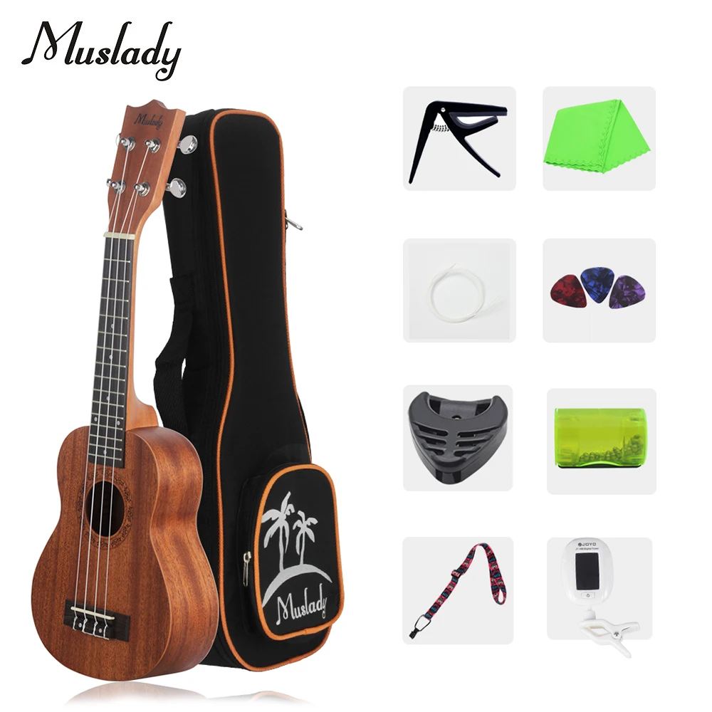 

21 Inch Ukulele Ukelele Soprano Mahogany Wood with Carry Bag Uke Strap Strings Clip-on Tuner Cleaning Cloth Finger Maraca Picks