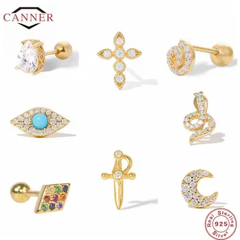 

CANNER 2 Pcs 925 Sterling Silver Small Cross Snake Stud Earrings For Women Zircon Pierced Earring Earings Jewelry Pendientes