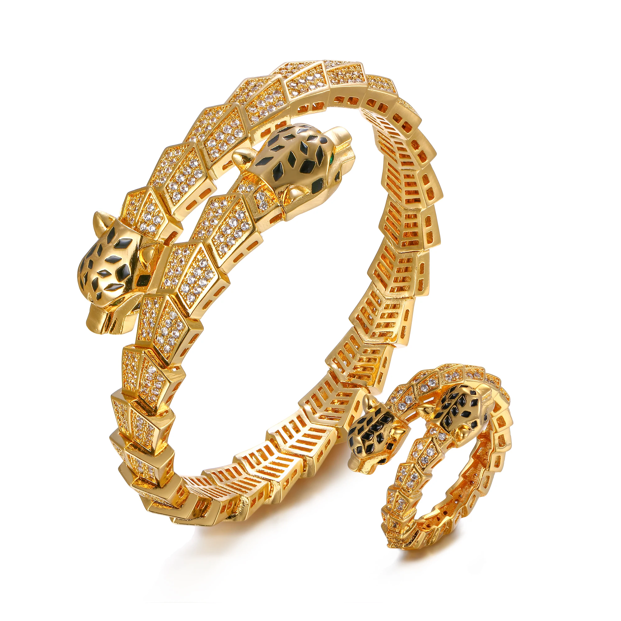 Leopard Panther Bangle Ring Set For Women Femme Animal Bracelet Band Zircon Party Jewelry Gift Gold Goth E Girl Aesthetic Kpop | Украшения