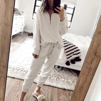 

Lugentolo Two Piece Set Top and Pants Pullover Solid V-Neck Zip Long Sleeve Elastic Waist Casual Home Women Two Piece Outfits