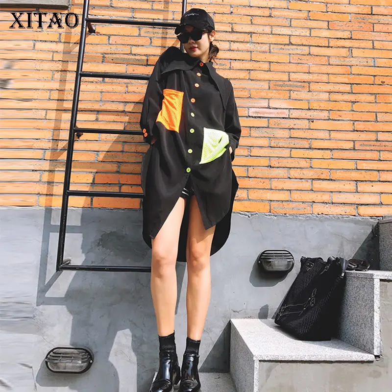 

XITAO Hit Color Irregular Big Pocket Dress Hit Color Women Clothes 2020 Spring New Fashion Casual Turn Down Collar Dress ZLL4847