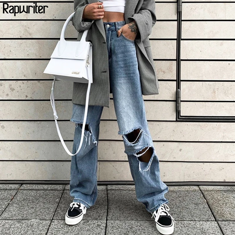 

Rapwriter Streetwear Loose Hollow Out Straight Denim Pant Women Black 2019 Fall High Waist Blue Trousers Long Pant Capris Pocket