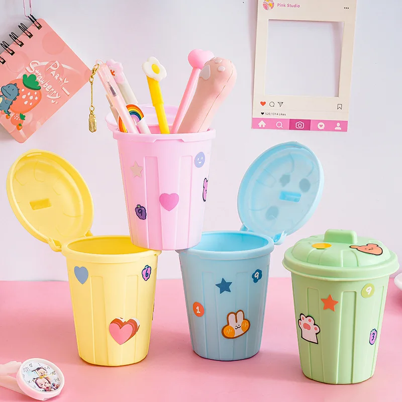 

Mini Waste Bins Plastic Pen Holder Desktop Organizer Creative Trash Can School Office Cute Pencil Stand Stationary Desk Storage