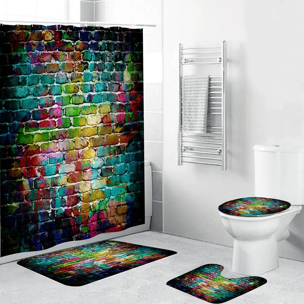 

Old Colorful Wall Shower Curtain Set 4 Pieces Bath Mat Pad Carpet Cover Toilet Cover Polyester Fabric Bathroom Decor with Hooks