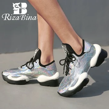 

RIZABINA Women Sneakers Fashion Cushion Leather High Heel Shoes Women Casual Daily Patchwork Breath Shoes Footwear Size 34-42