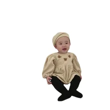 Barboteuse brodée ours pour bébé fille, barboteuse à manches longues en velours côtelé, vêtements pour nouveau né de 0 à 2 ans, nouvelle collection 