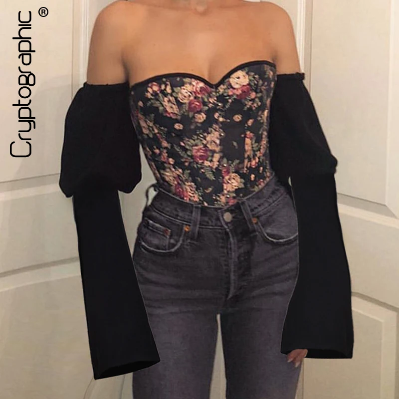 

Cryptographic Off Shoulder Sexy Backless Lace Up Bustier Corset Women Tops Floral Print Hooks Shirts Flare Long Sleeve Top