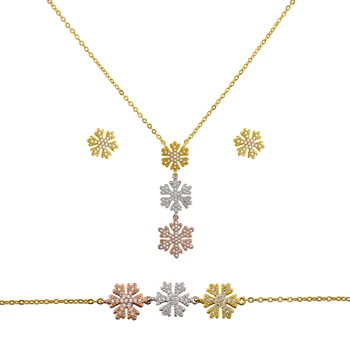 

Fashion classic snowflake shape tri-color necklace earrings bracelet jewelry set anniversary engagement girl gift jewelry S1434