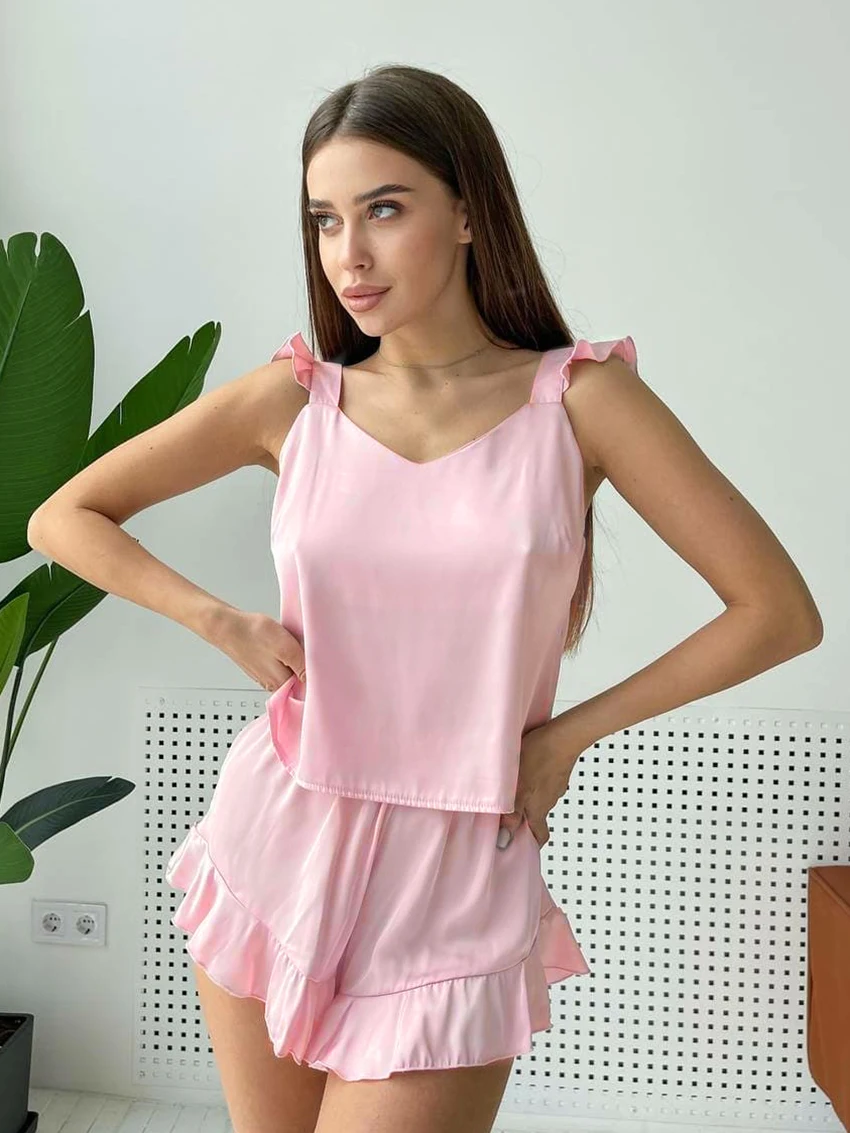 Waliicorners Nightwear Solid Color Sleepwear Sleeveless Ruffles Suits With Shorts Tank Top Pajamas 9 H0eefd166a3384fb9b27f16f02bdefc40v