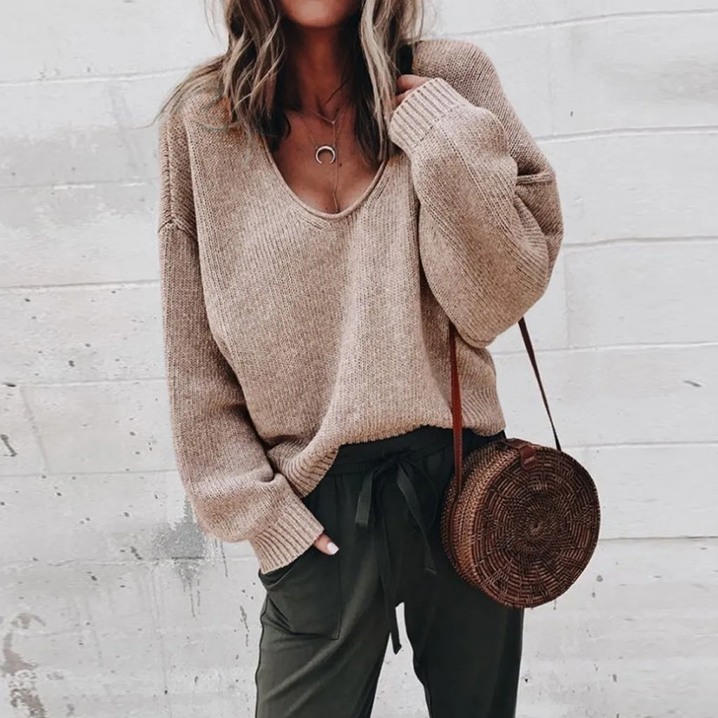 

Autumn Women Sweater Solid Simple Loose Casual V Neck Sweater Blouse Winter Long Sleeve Knitted Sweaters Pullover Tops