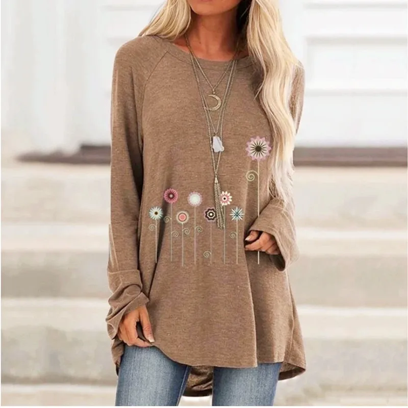 New Autumn Women Tops Floral Dandelion Print Long-sleeved T-shirt Round Neck Loose Casual T-shirt Large Size Pullover Ladies Top best t shirts for men Tees