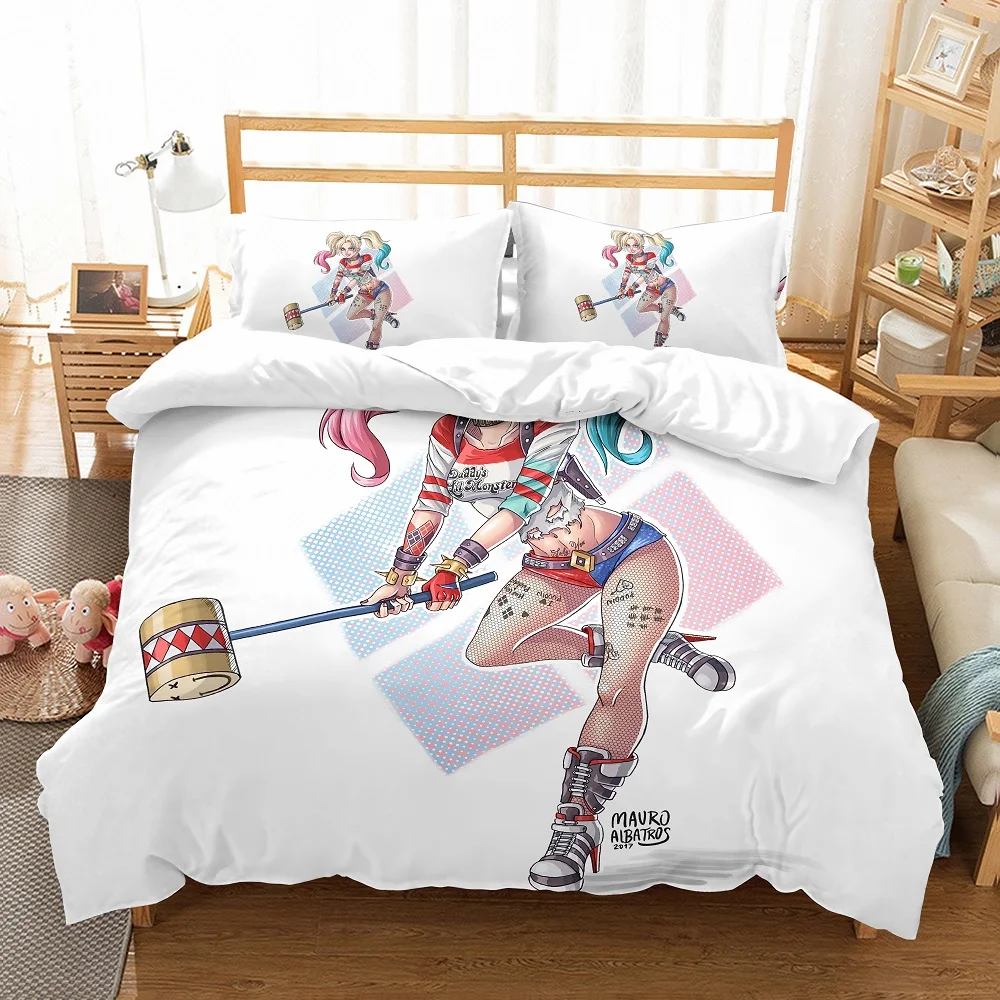 White Bedding Set Harley Quinn Microfiber Duvet Cover Set Geometric Design Cartoon Character Single Double Home Bed Linen Set