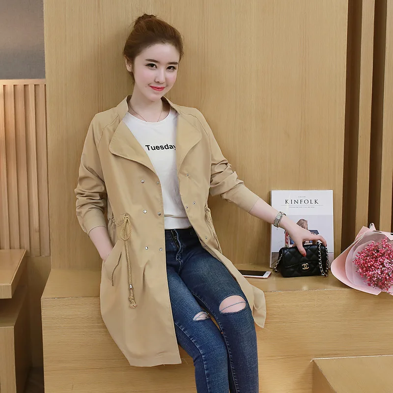 

2019 Spring And Autumn New Style Korean-style Large Size Dress Solid Color Drawstring Mid-length Loose-Fit CHIC Trench Coat