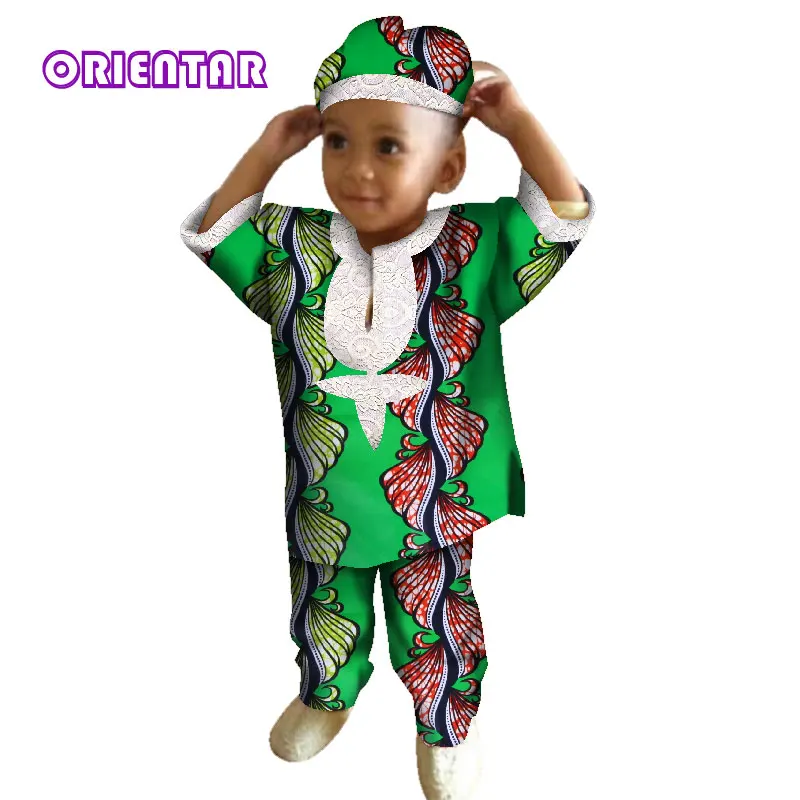 Детская одежда хлопковая футболка с короткими рукавами Топы и штаны Детский комплект со штанами в африканском стиле с воском и кружевом для мальчиков, Bazin Riche, WYT253 - Цвет: 13