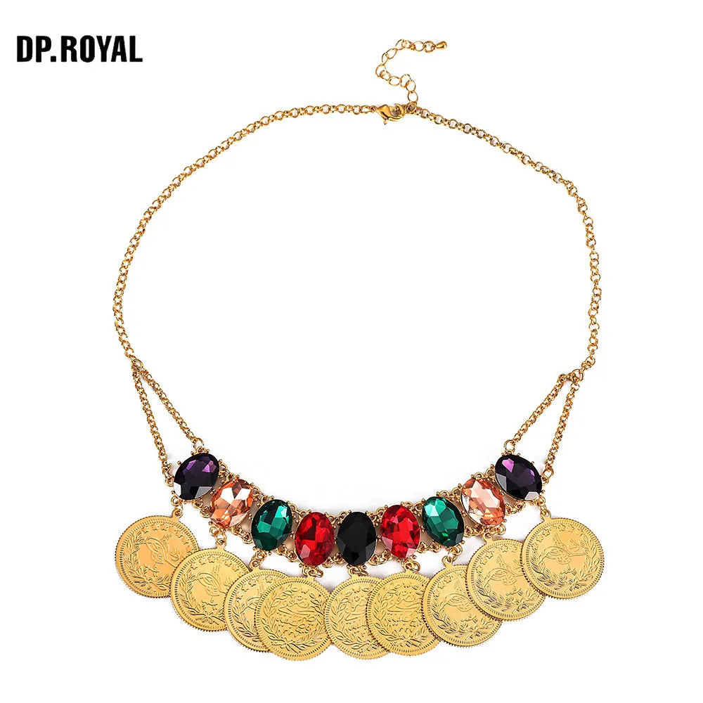 

Muslim Crystal Necklace Arab Turkish Woman Golden Coin Pendant Necklace Jewelry Gift
