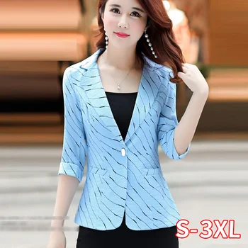 

Women Stripe Short Blazers Summer Suit Blazer Feminino Fashion Notched Pockets Single Button Slim OL Ladies Blazers Plus Size