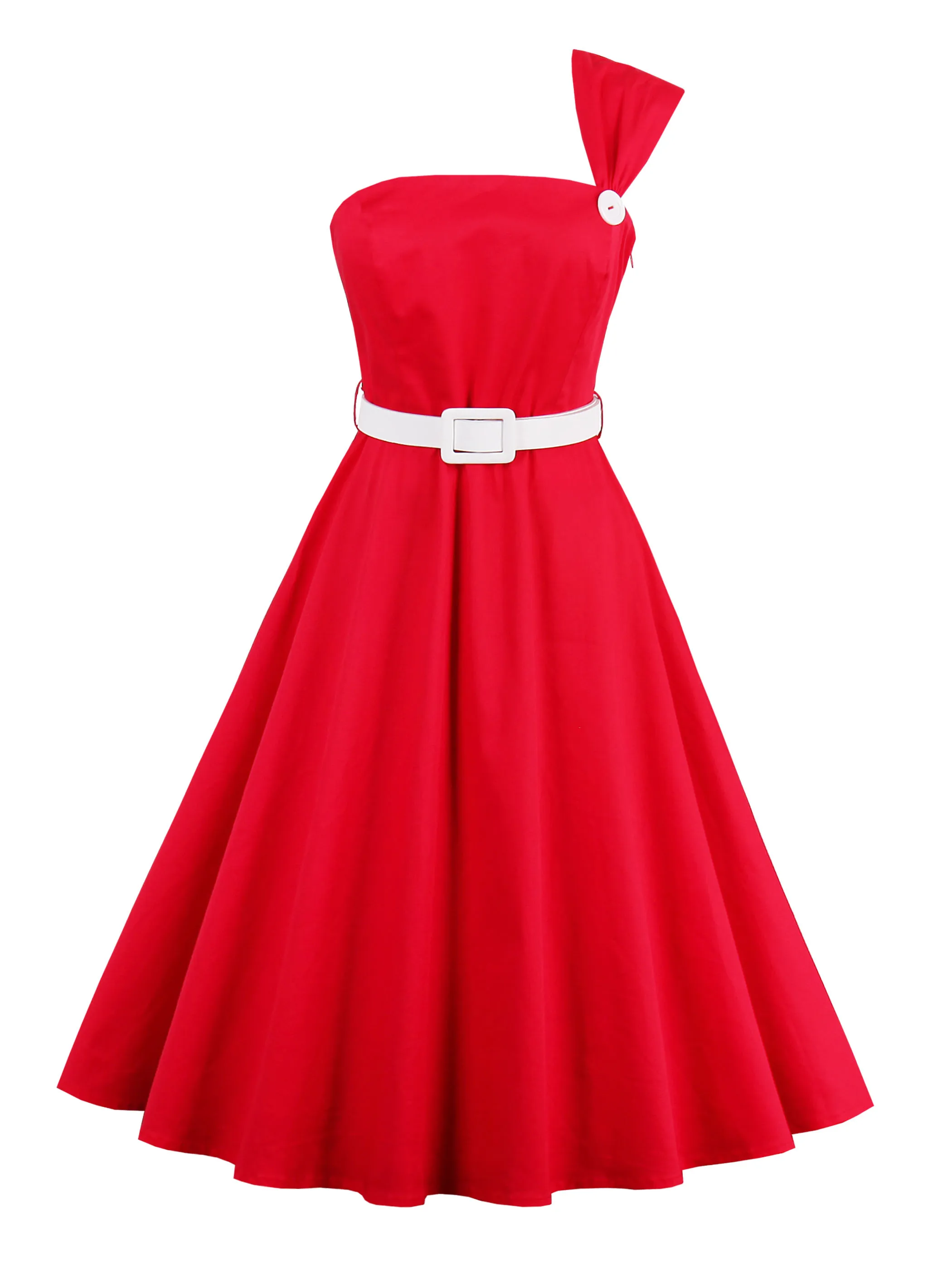 

Women Vintage Dress 2020 Summer Hot Chic One Shoulder Sexy Elegant Belt Red Sweet 1950s A Line Ladies Party Retro Daily Dress