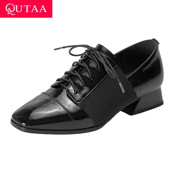 

QUTAA 2020 Spring Autumn Retro Square Toe Lace Up Women Single Shoes Square Heel Cow Leather Cloth Women Pumps Big Size 34-42