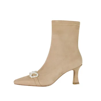 

Gentle Apricot Pearl Bow Short Boots Female Autumn Winter Pointed Toe Stiletto Side Zipper Suede High-heeled Velvet Black Shoes