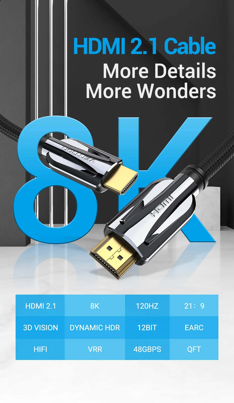 Vention HDMI 2,1 кабель 8 к 60 Гц 48 Гбит/с пропускная способность HDMI кабель для разветвителя переключатель Кабо HDMI 2,1 Для Apple tv PS4 проектор