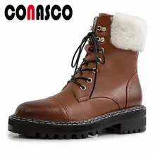 CONASCO/Новейшая женская обувь на платформе в стиле панк; сезон осень-зима; Теплая Повседневная обувь; мотоботы из натуральной кожи на меху; женская обувь