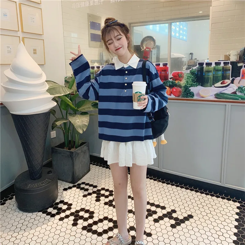 Harajuku/винтажная полосатая женская футболка с отложным воротником, одежда в Корейском стиле, футболка для девочек, японская футболка с длинными рукавами, Женский Топ