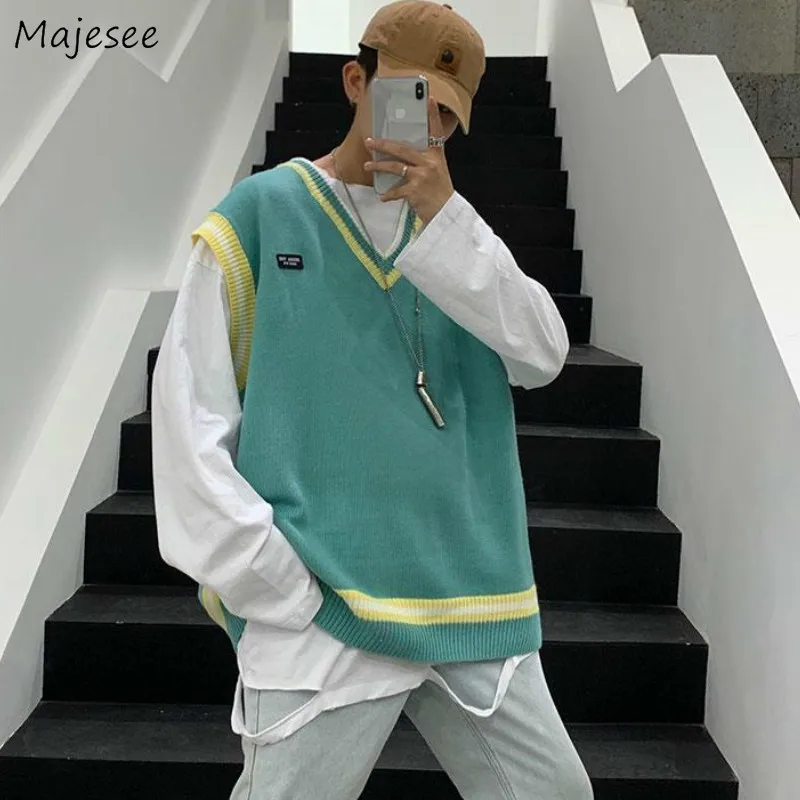 Suéter con cuello en V para hombre, chaleco de retales Vintage Chic sin mangas de punto para hombre, tops de ocio coreanos de gran tamaño Ulzzang que combina con todo para estudiantes
