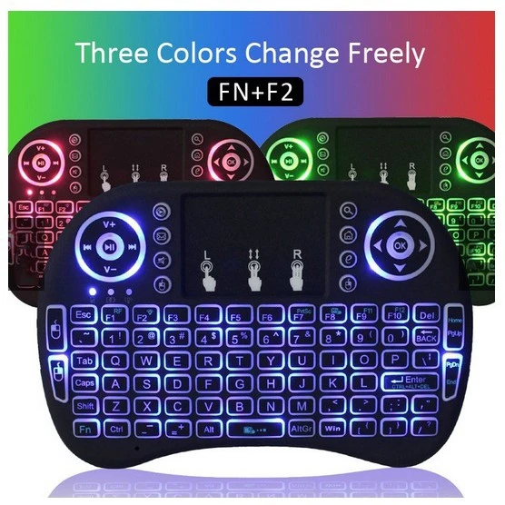 2,4 ГГц USB touch pad I8 Мини Беспроводная клавиатура с разноцветной светодиодной подсветкой на английском, русском, испанском