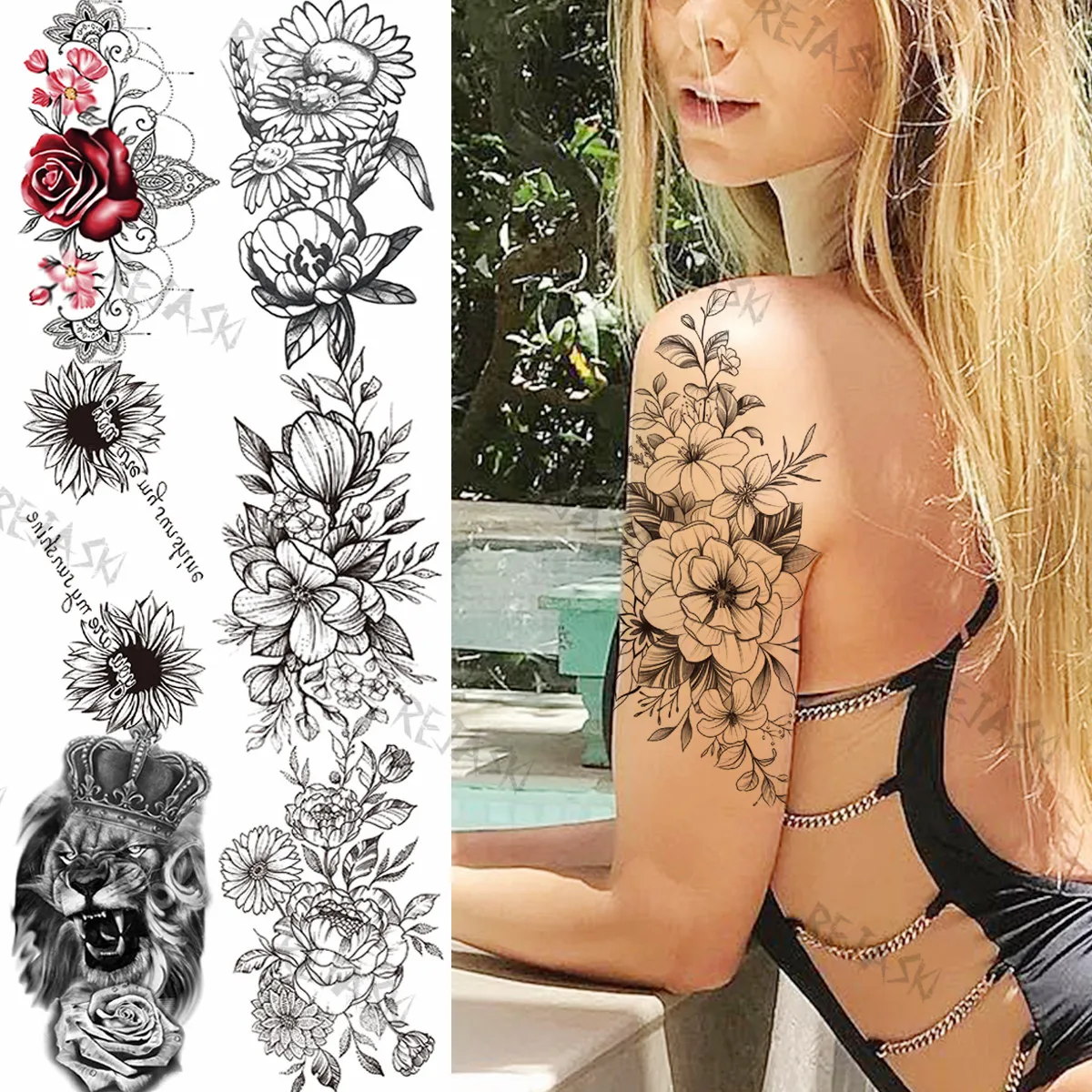 

3D Daffodil Temporary Tattoos For Women Girl Lion Pendant Flora Realistic Fake Tattoo Sticker Custom Armband Sexy Peony Tatoo