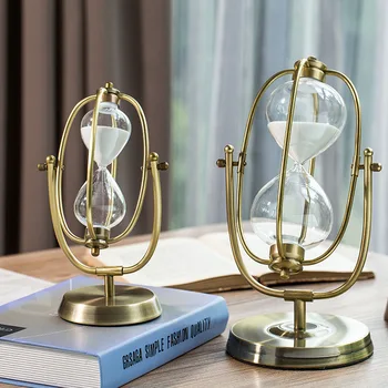 

Retro Modern Metal Swivel Sand Timer Hourglass Pendulum Clock Time Wooden Rotating Hour Glass Clock Home Decor Wedding Gift