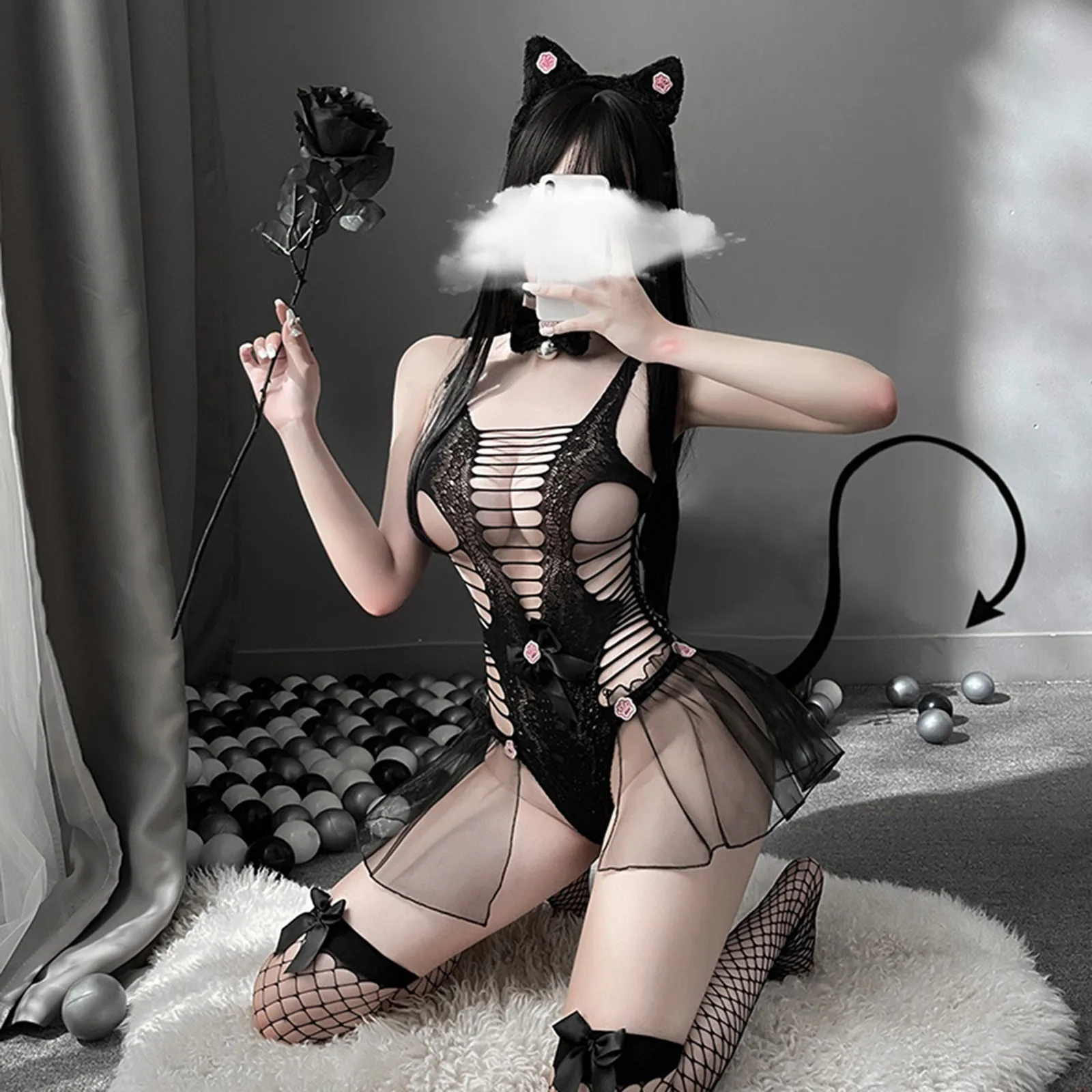 Sexy Cat Uniform Erotic Outfit for Woman Wrapped Chest Mesh Bow Girl Sexy Love Cosplay Costumes Lace Up Cat Cow Nightclub #F