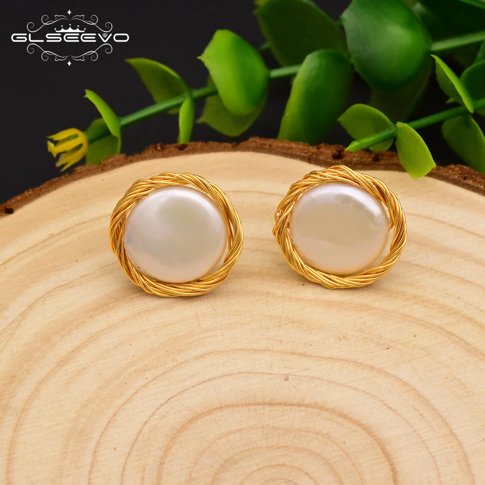 GLSEEVO Natural Fresh Water Baroque Flat Pearl Stud Earrings For Women Wedding EngagementBirthday Gifts Fine Jewelry GE0480C | Украшения и