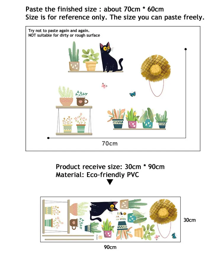 Cute Kitten flower pot wall stickers living room bedroom home wall decoration art mural stickers combination removable wallpaper