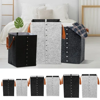 

Portable Laundry Basket Felt Clothes Food Toys Storage Bin with PU Leather Handles Button Gray/black Lightweight